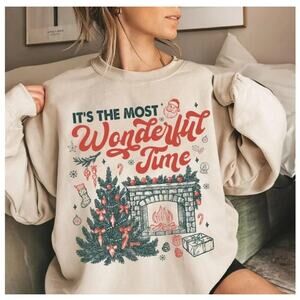 Beige Christmas Sweatshirt Wonderful Time Print Cozy Holiday Trendy Party Medium
